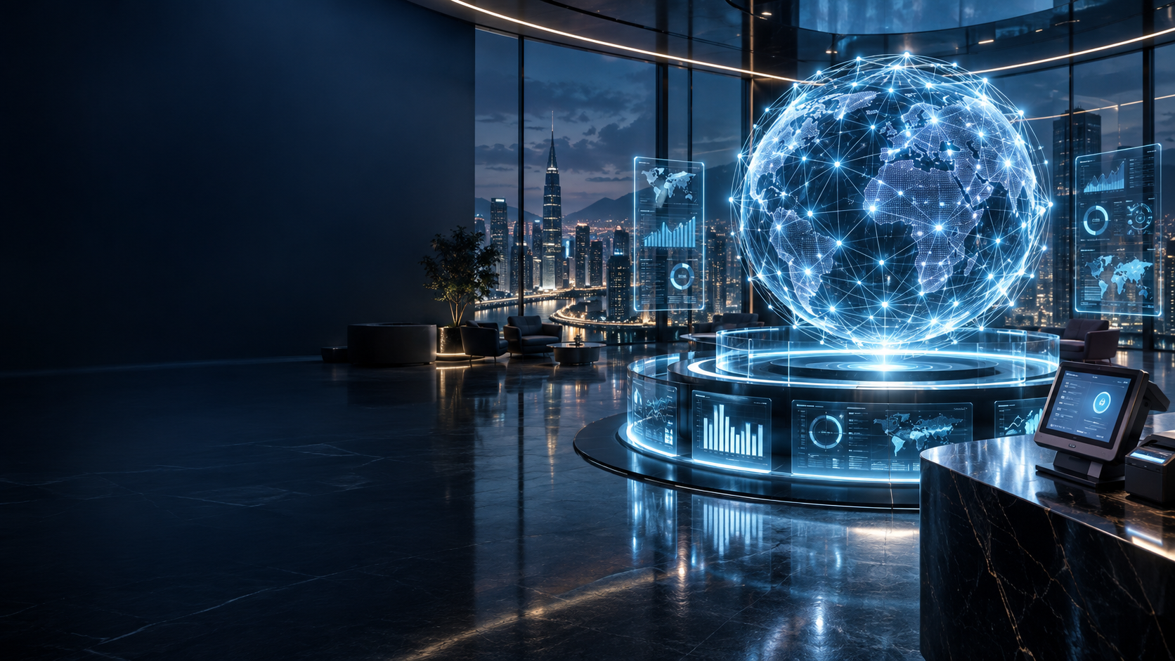 Escena conceptual generada con IA: centro tecnológico futurista con una esfera de conexiones luminosas